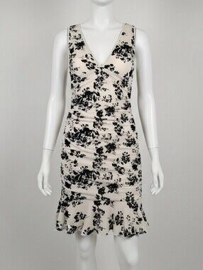SHEIN  White and Black Floral V-Neck Ruching Dress